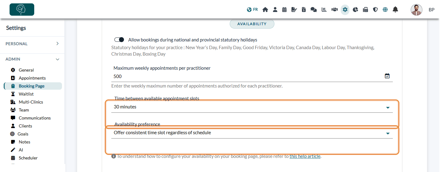 Time between available appointment slots and Availability preference in Settings > Booking Page