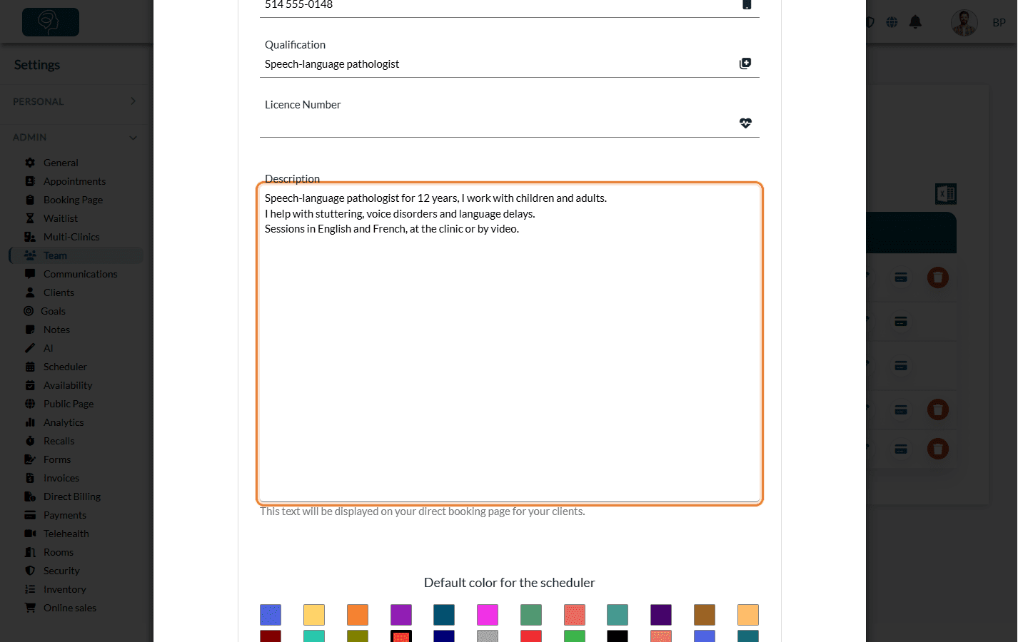 Description field in the team member window