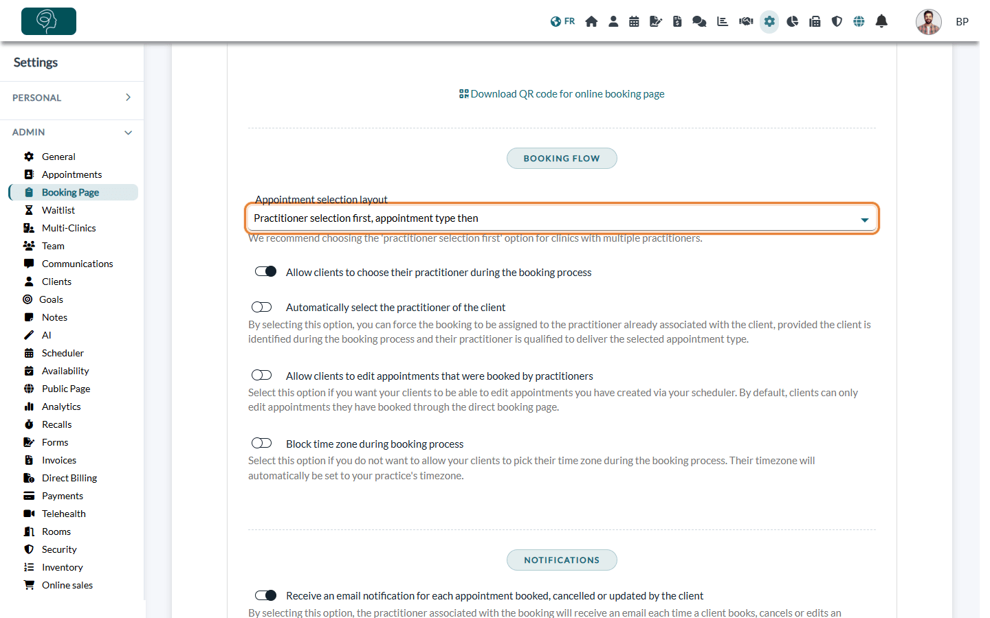 Appointment selection layout set to Practitioner selection first