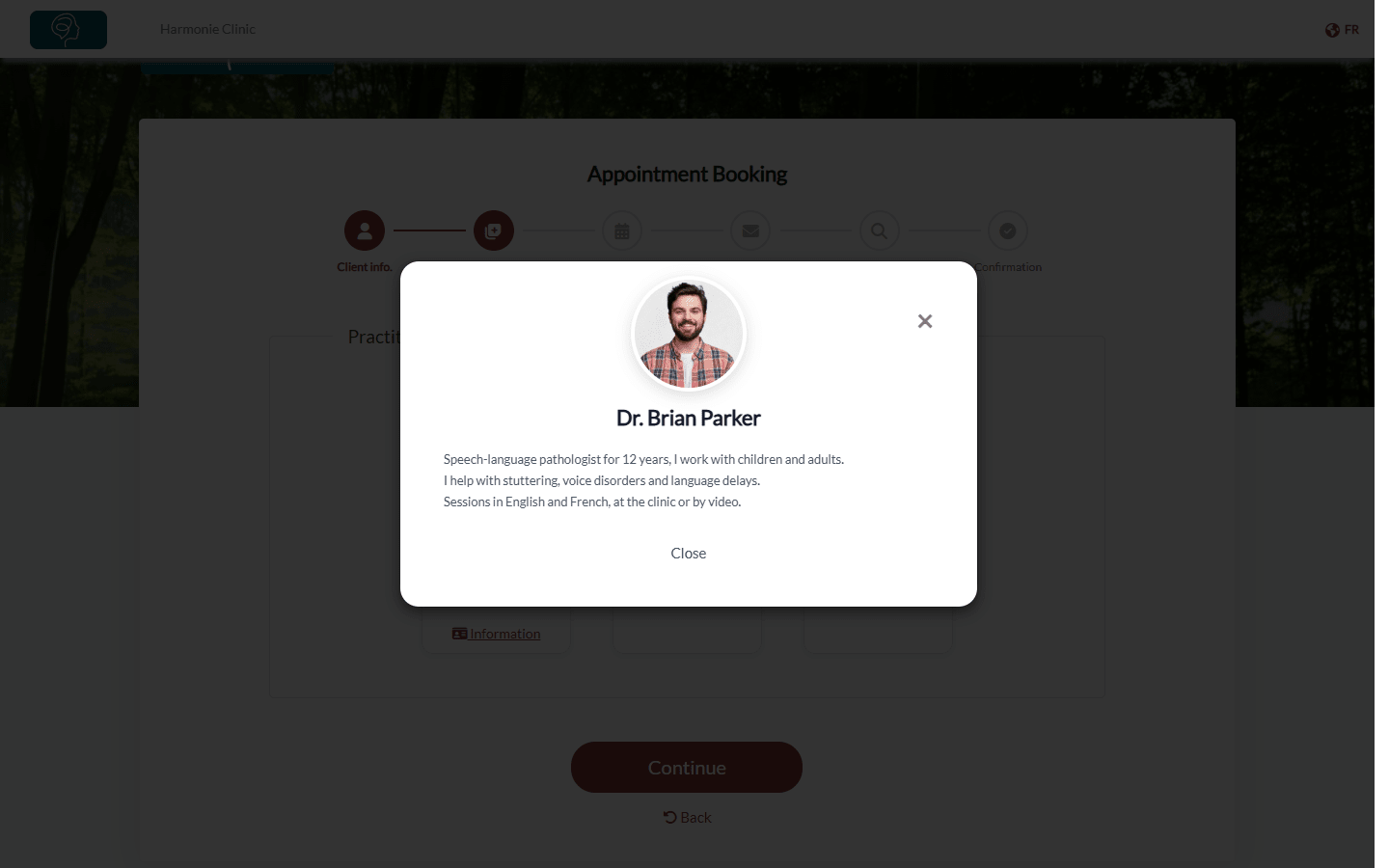 Window showing the practitioner's description on the booking page