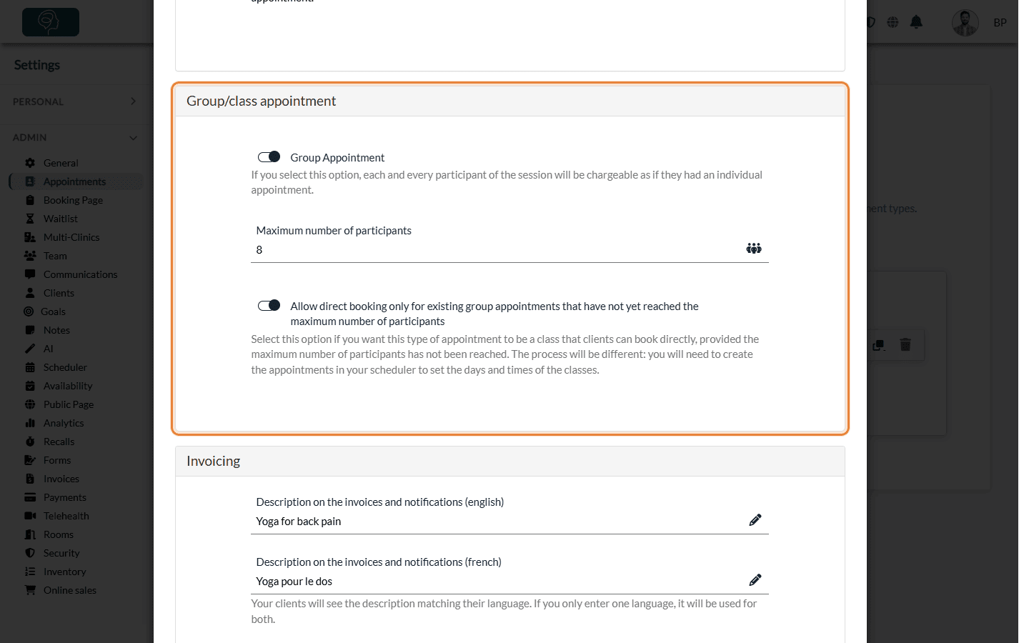 Group/class appointment section of the appointment type window