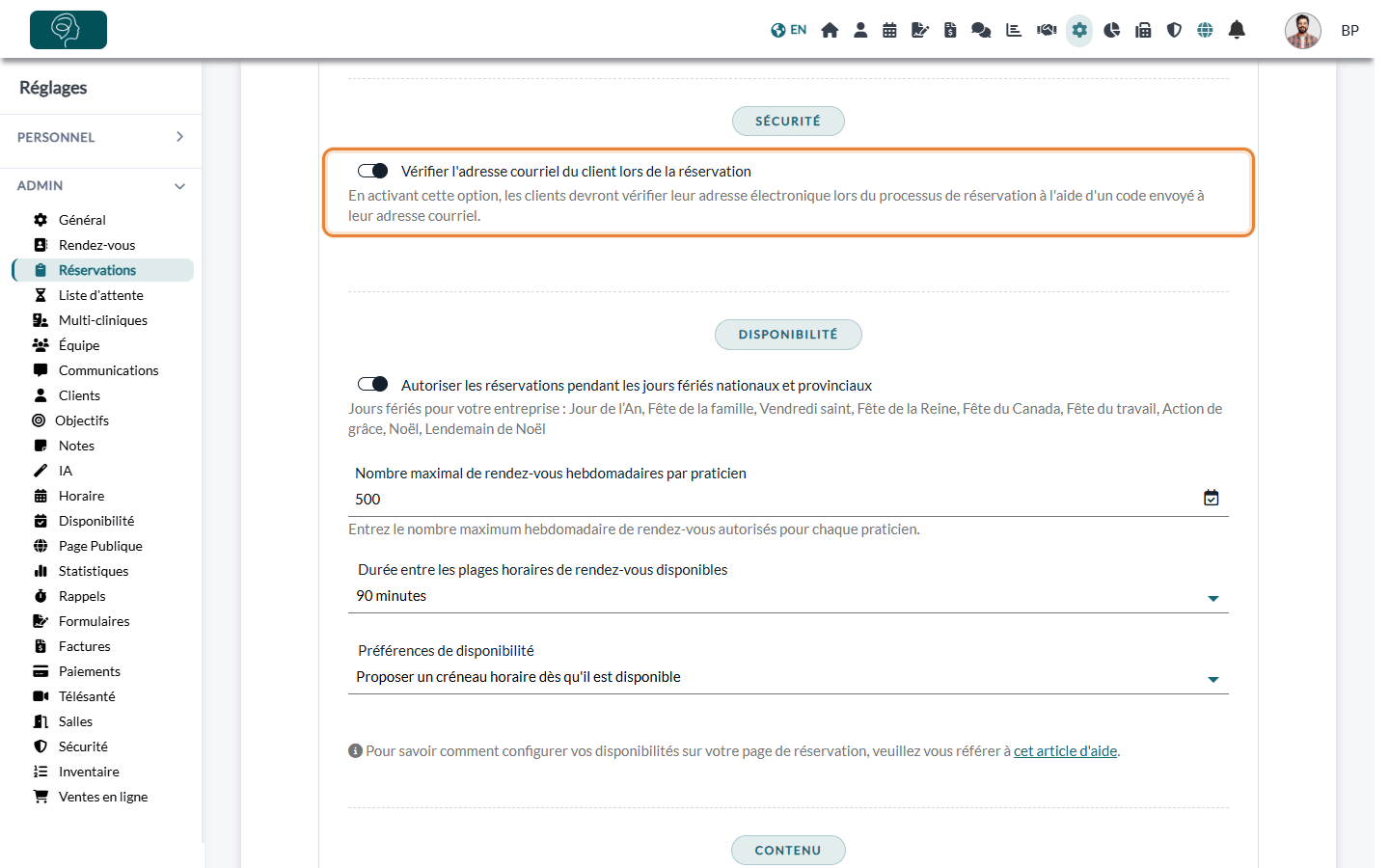 Option Vérifier l'adresse courriel du client lors de la réservation dans la partie Sécurité de Réglages > Réservations