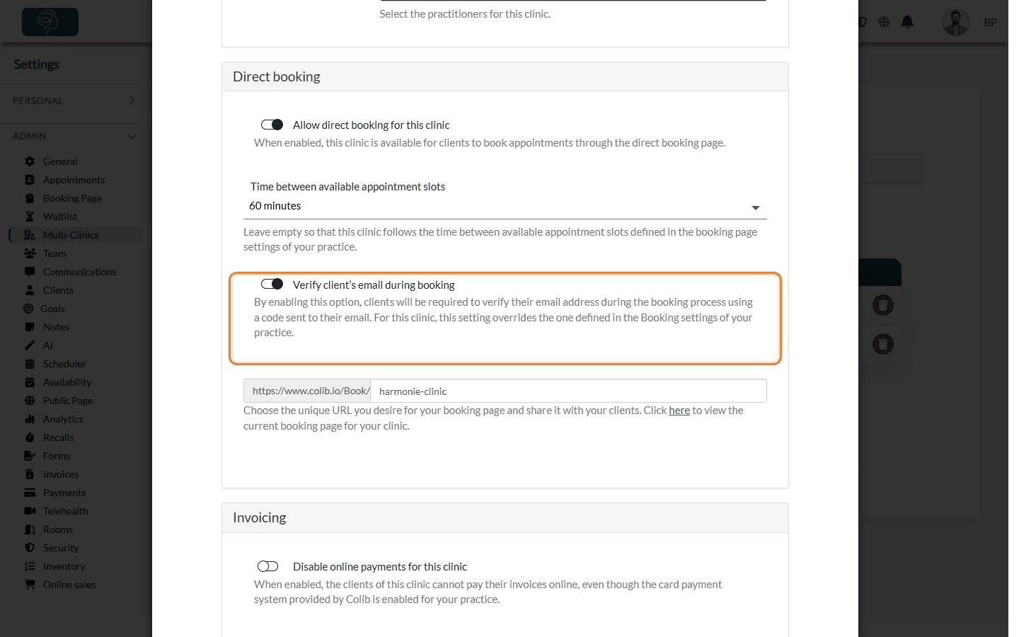 Verify client's email during booking option in the Direct booking section of a clinic