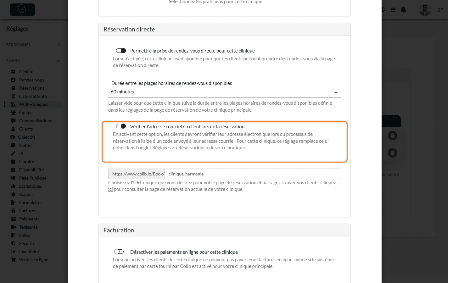 Option Vérifier l'adresse courriel du client lors de la réservation dans la section Réservation directe d'une clinique