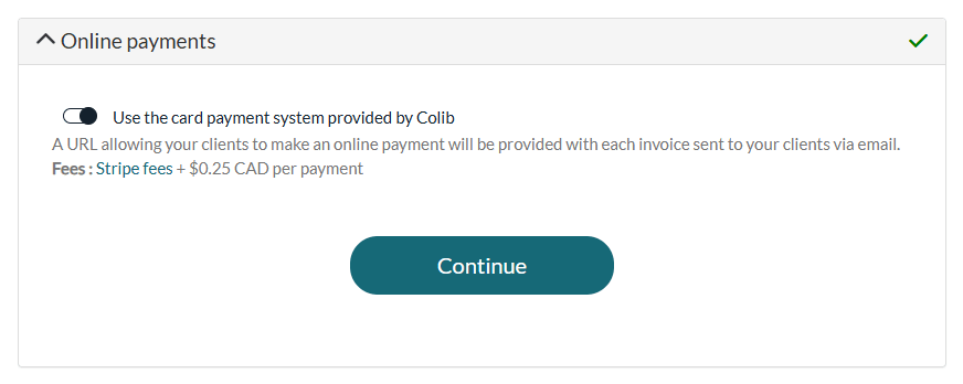 Online payments section of Settings > Payments, validated