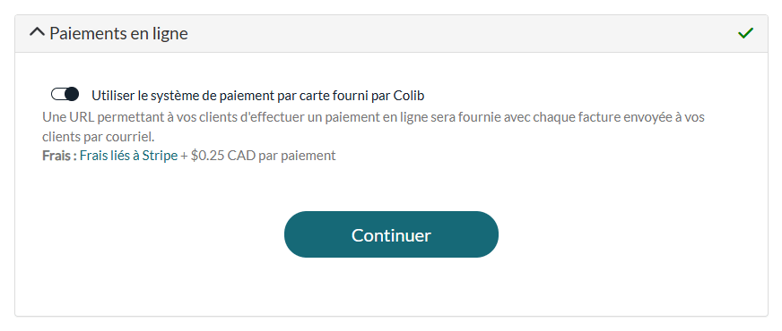 Section Paiements en ligne de Réglages > Paiements, validée