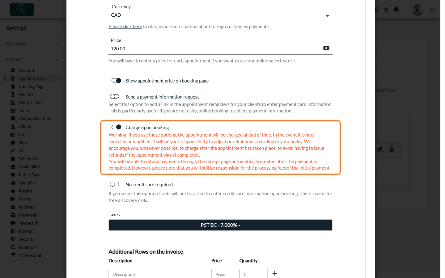 Price and Charge upon booking option in the Invoicing section of an appointment type