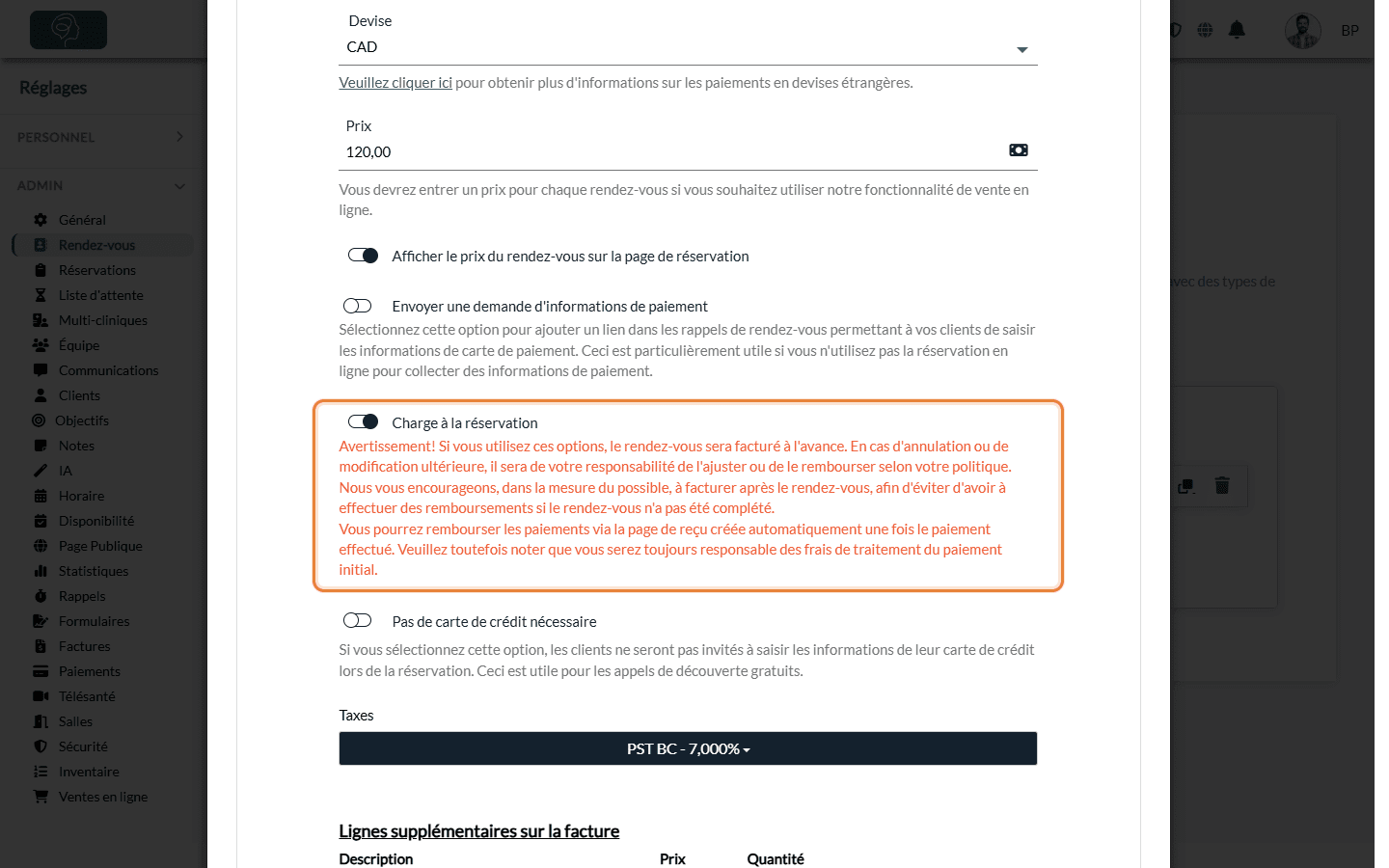 Prix et option Charge à la réservation dans la section Facturation d'un type de rendez-vous