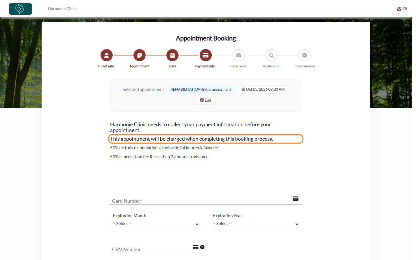 Payment step of the booking page telling the client that the appointment will be charged