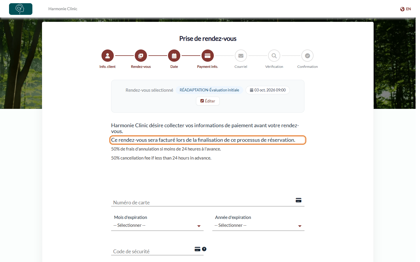 Étape de paiement de la page de réservation indiquant au client que le rendez-vous sera facturé