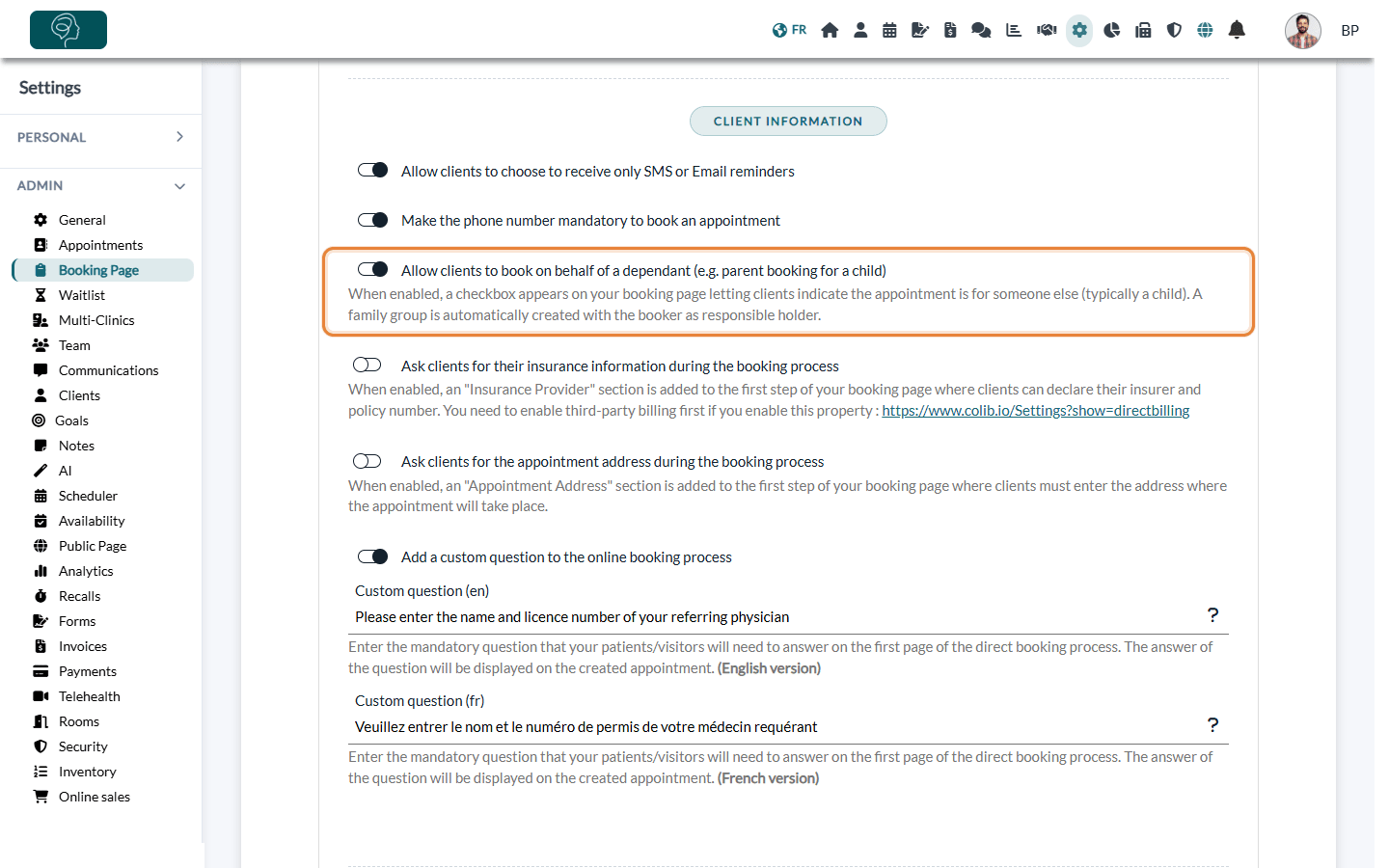 Allow clients to book on behalf of a dependant option in Settings > Booking Page