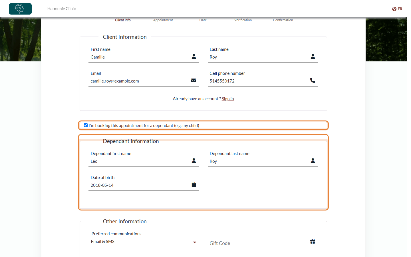 First step of the booking page with the dependant box ticked and the Dependant Information block