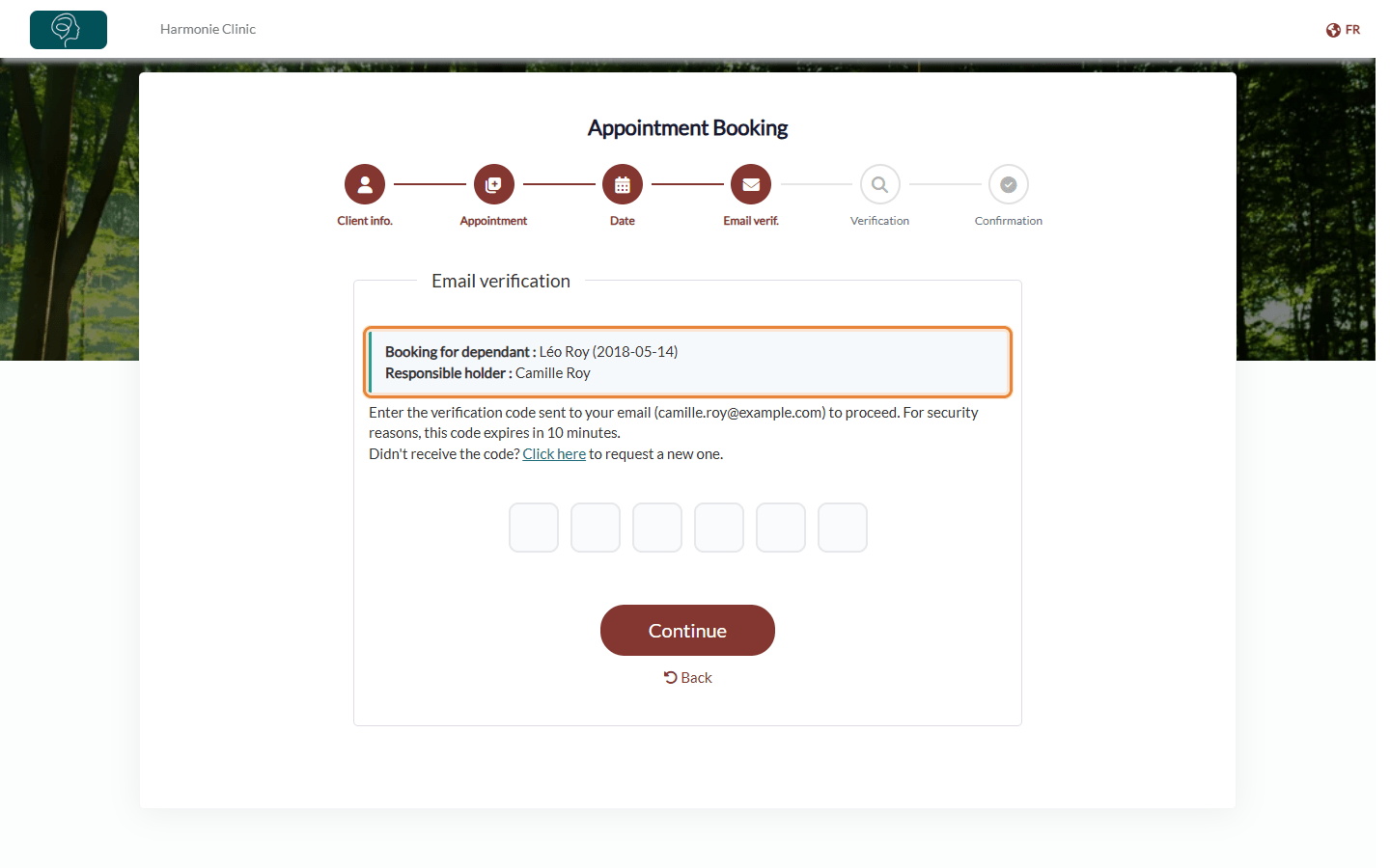 Email verification step showing the dependant and the responsible holder