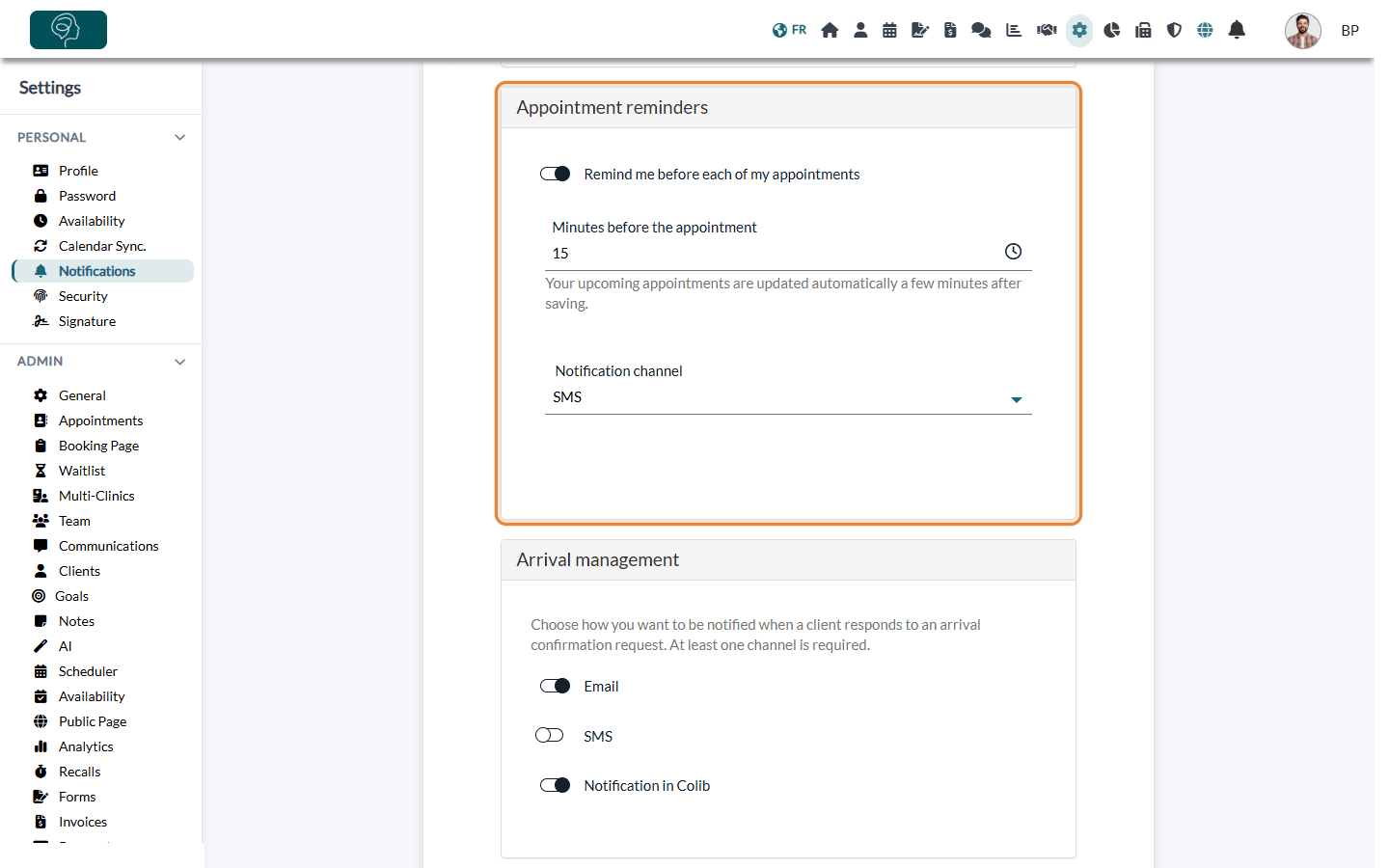Appointment reminders section of the Notifications settings, with the delay and the notification channel