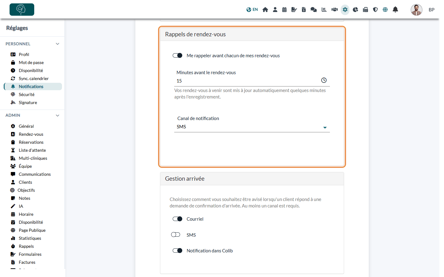 Section Rappels de rendez-vous des réglages Notifications, avec le délai et le canal de notification