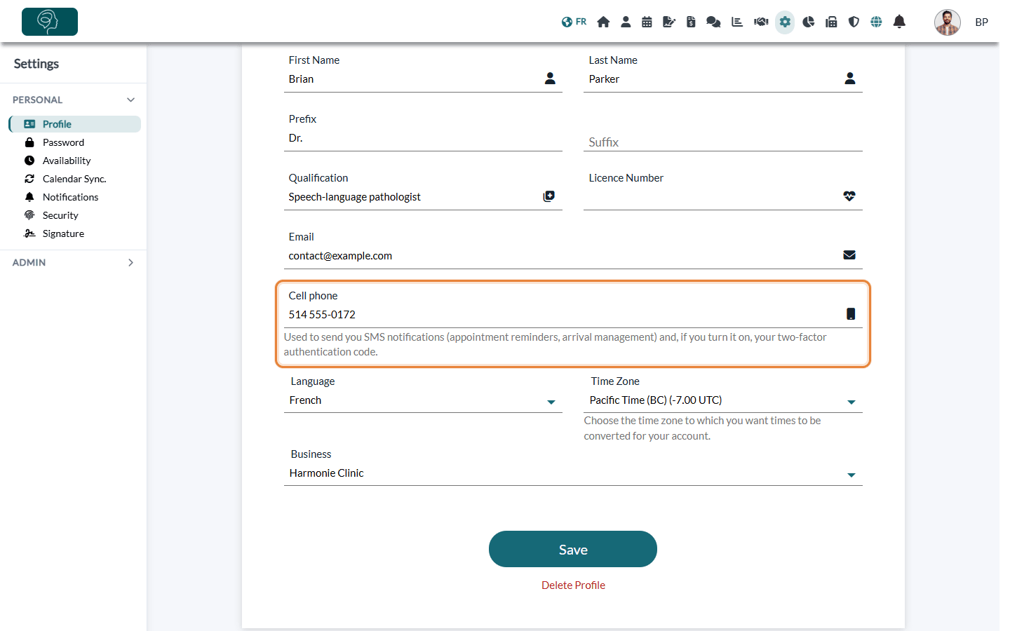 Cell phone field of the practitioner profile