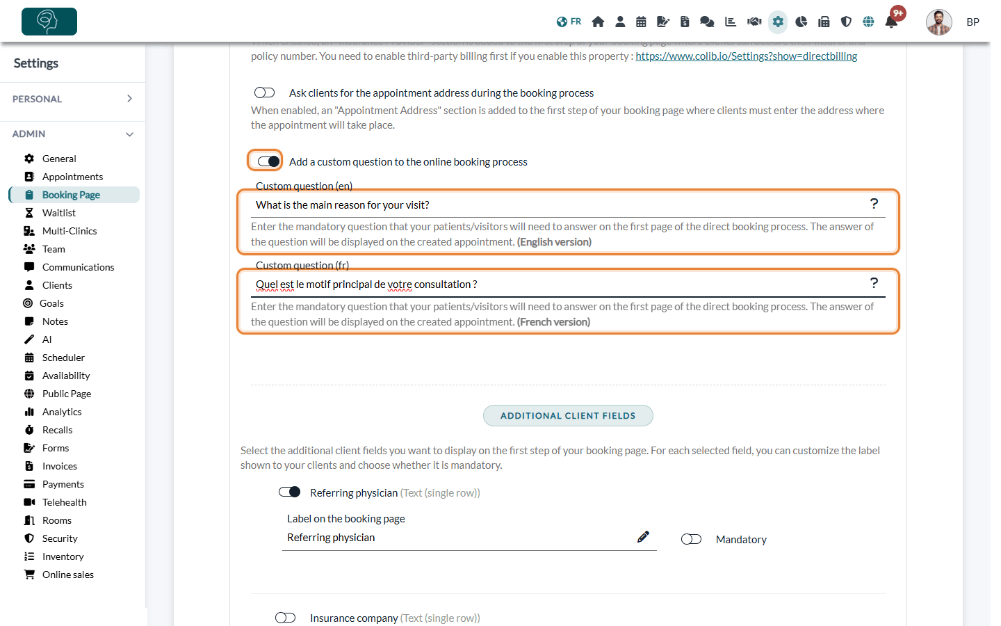 Custom question in English and French in Settings > Booking Page > Client information