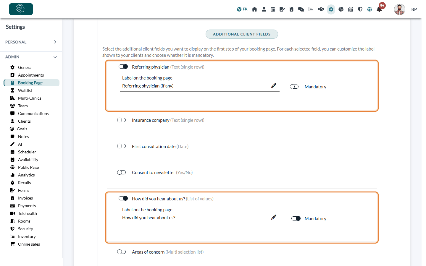 Additional client fields with their label on the booking page and the Mandatory option