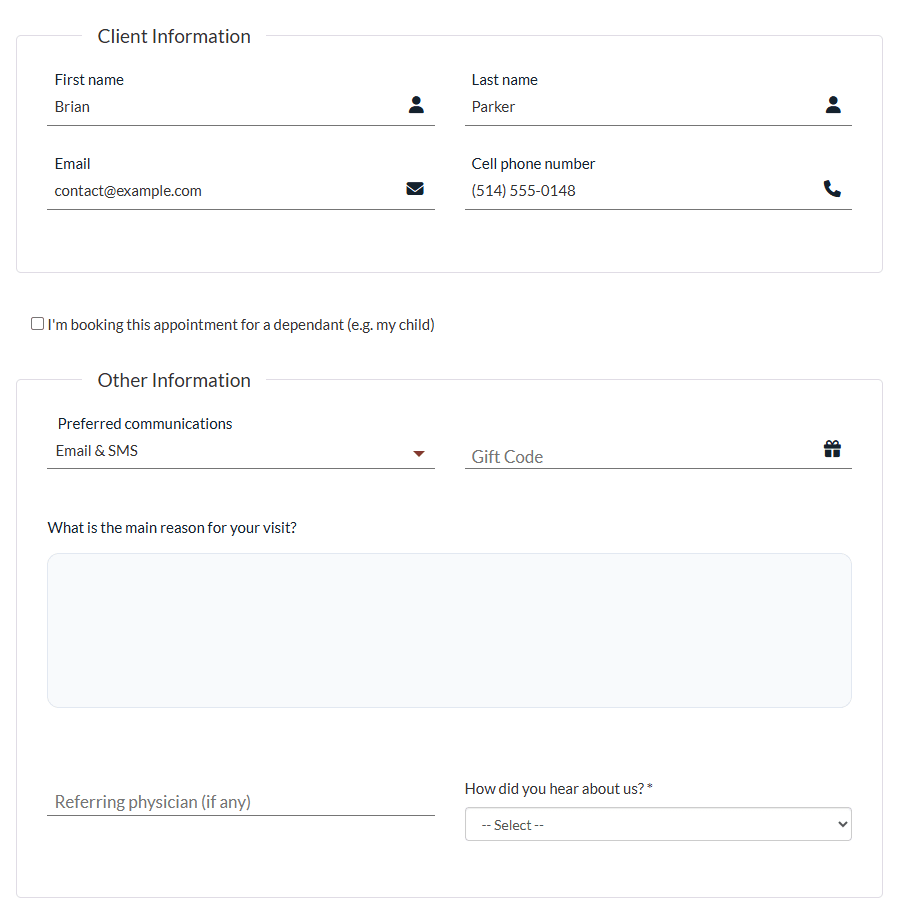 First step of the booking page with the custom question and the additional client fields