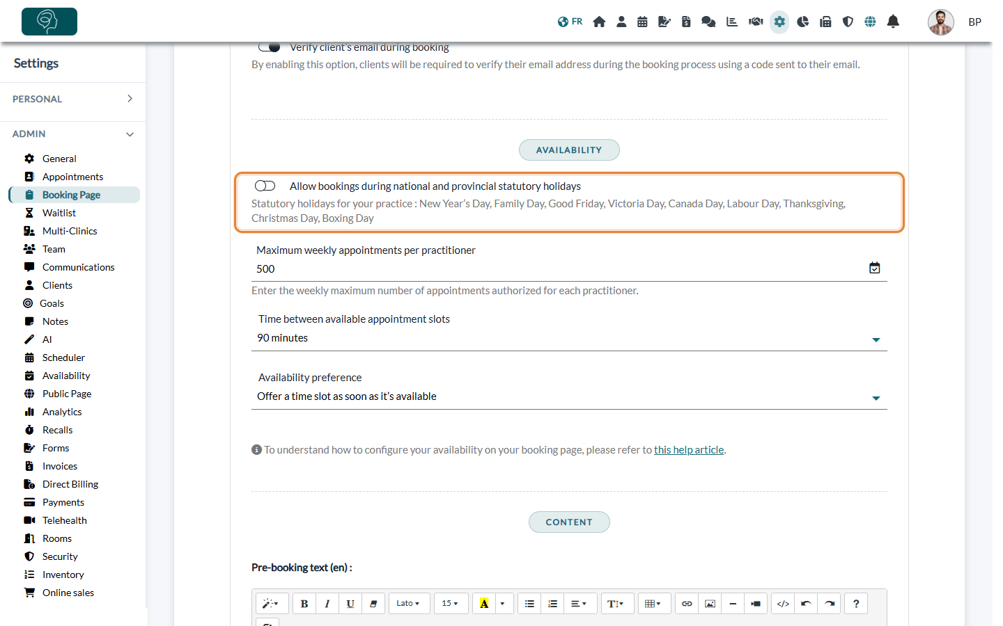 Allow bookings during national and provincial statutory holidays switch turned off, with the list of statutory holidays of the practice