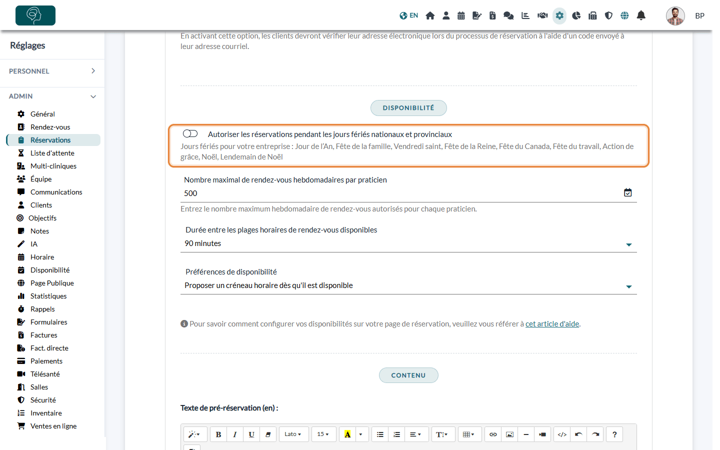 Interrupteur Autoriser les réservations pendant les jours fériés nationaux et provinciaux désactivé, avec la liste des jours fériés de l'entreprise