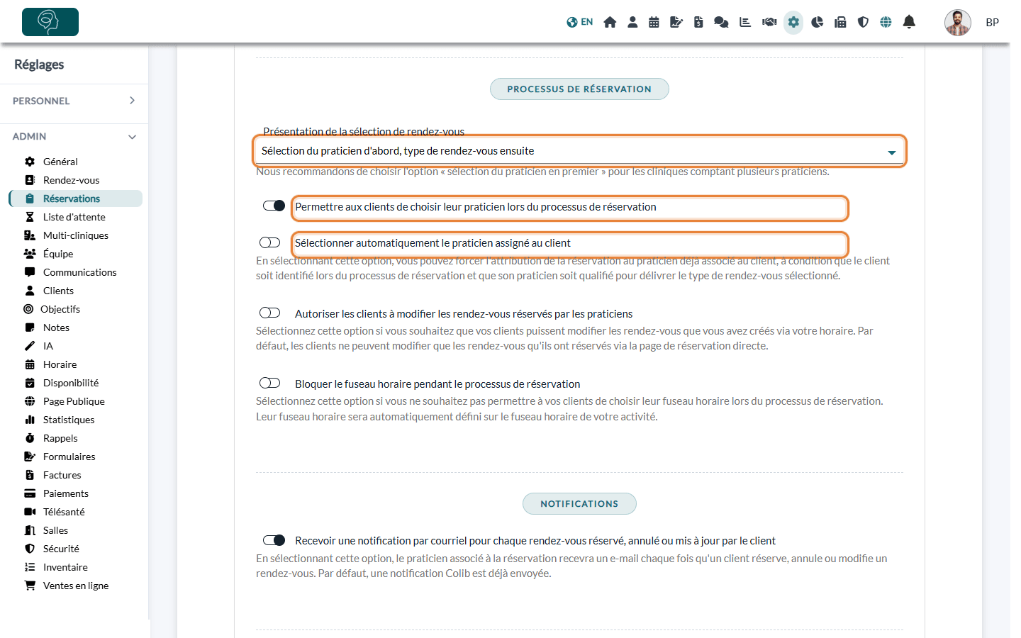 Partie Processus de réservation de Réglages > Réservations