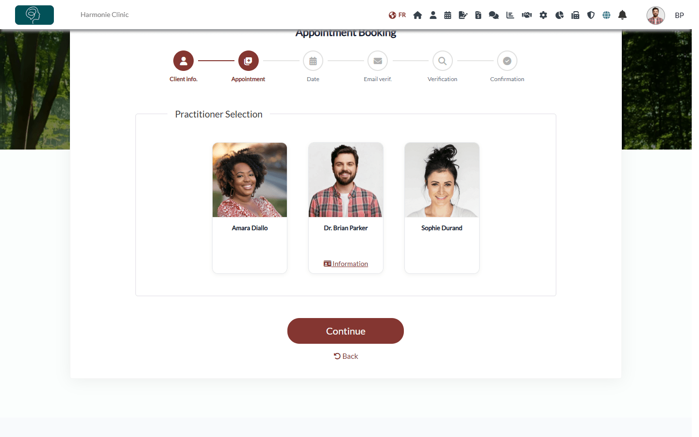 Practitioner Selection step of the booking page