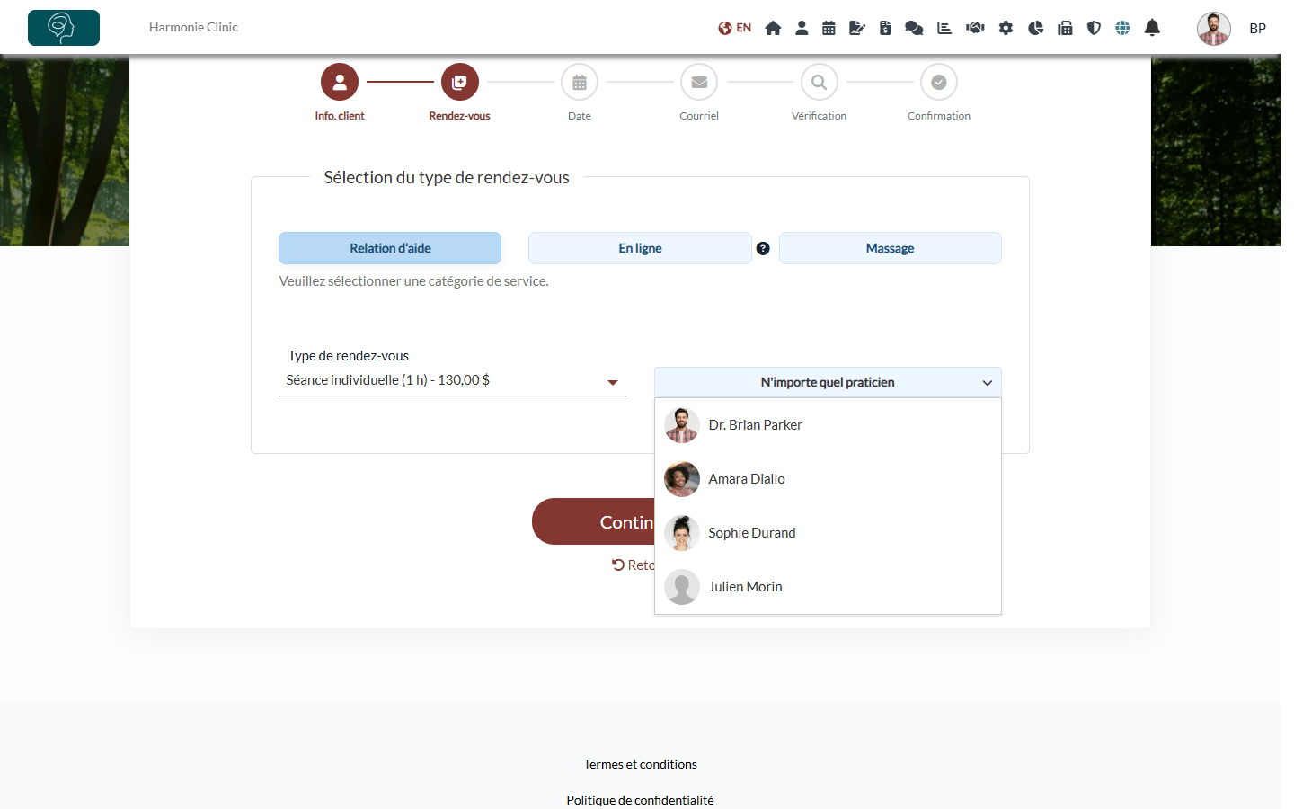 Type de rendez-vous d'abord : type de rendez-vous et liste des praticiens