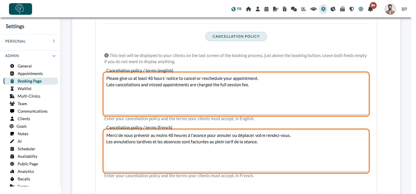 Cancellation policy / terms fields in English and French in Settings > Booking Page