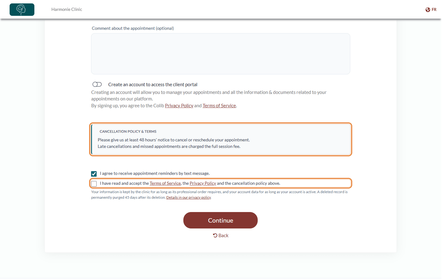 Cancellation policy & terms box and acceptance checkbox on the last screen of the booking page