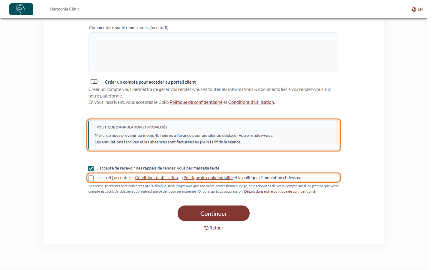 Encadré Politique d'annulation et modalités et case d'acceptation au dernier écran de la page de réservation