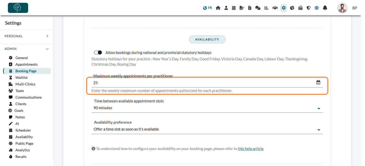 Maximum weekly appointments per practitioner field in Settings > Booking Page