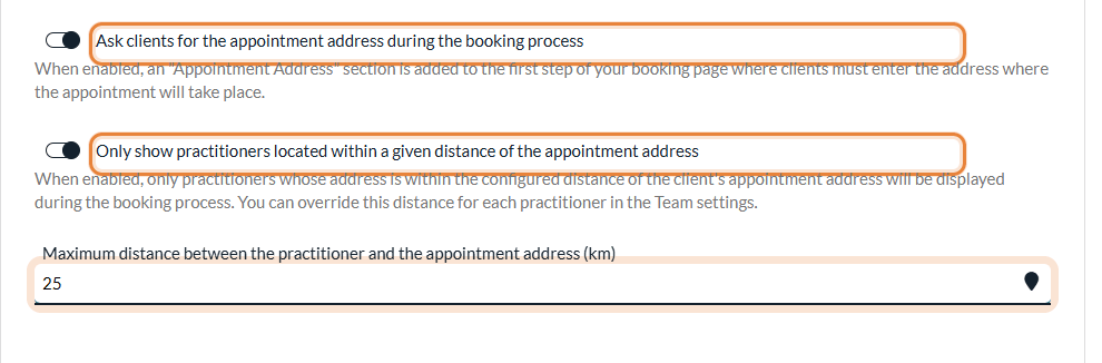 Appointment address and maximum distance options in Settings > Booking Page