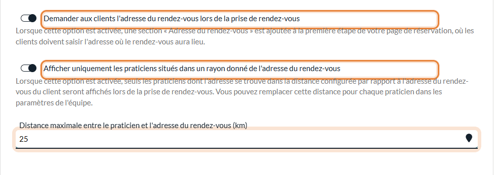 Options d'adresse du rendez-vous et de distance maximale dans Réglages > Réservations