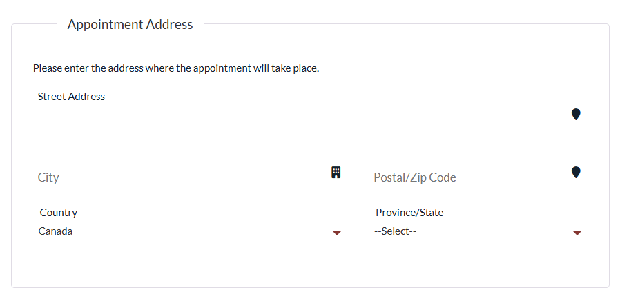 Appointment Address section on the first step of the booking page