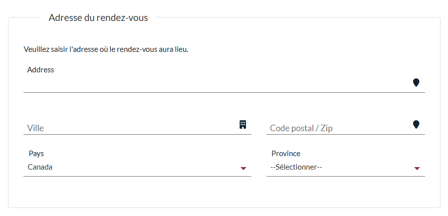 Section Adresse du rendez-vous à la première étape de la page de réservation