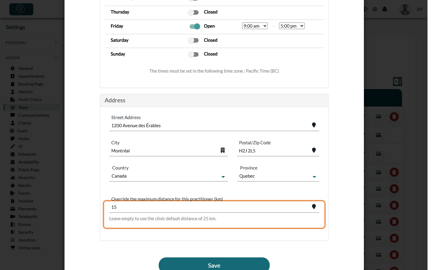 Address section of a team member with the distance override