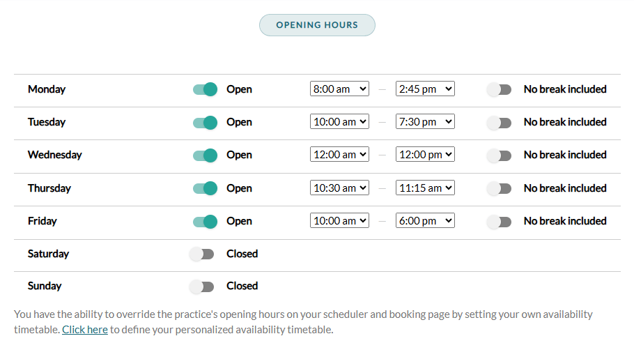 Opening Hours section in Settings > General