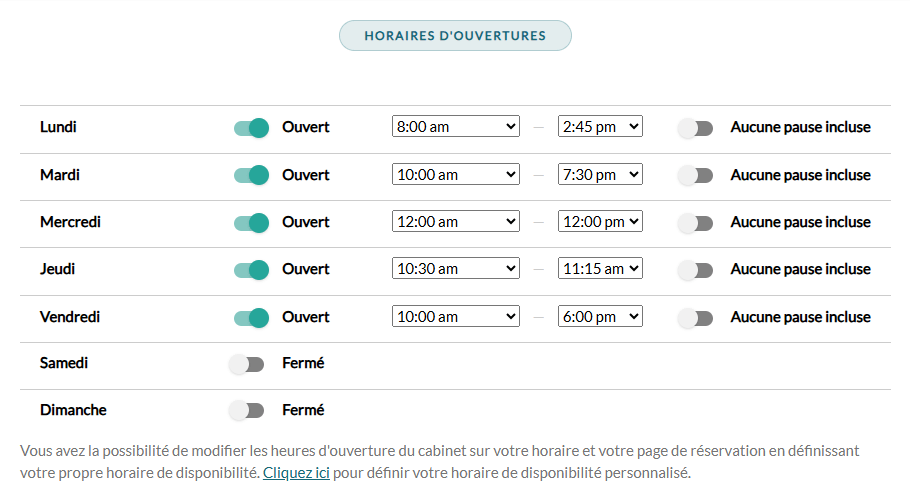 Section Horaires d'ouvertures dans Réglages > Général