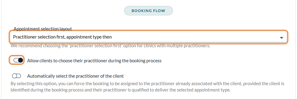 Appointment selection layout and Allow clients to choose their practitioner during the booking process in Settings > Booking Page