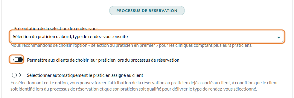 Présentation de la sélection de rendez-vous et Permettre aux clients de choisir leur praticien dans Réglages > Réservations