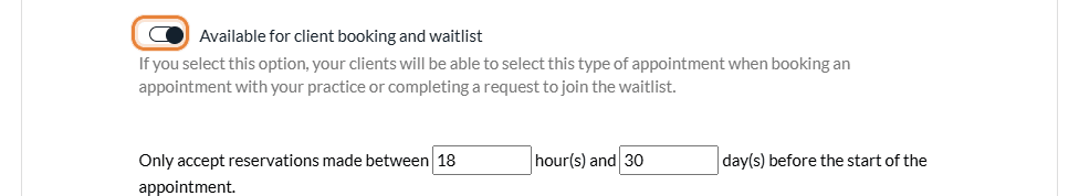Available for client booking and waitlist and booking window in the Direct booking section of an appointment type