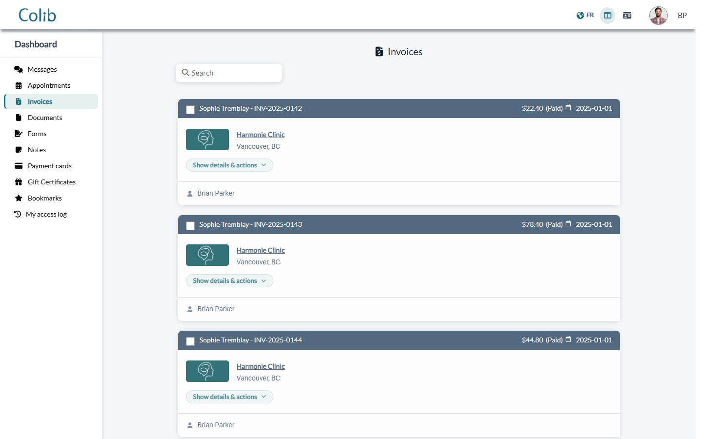 Invoices section of the client portal