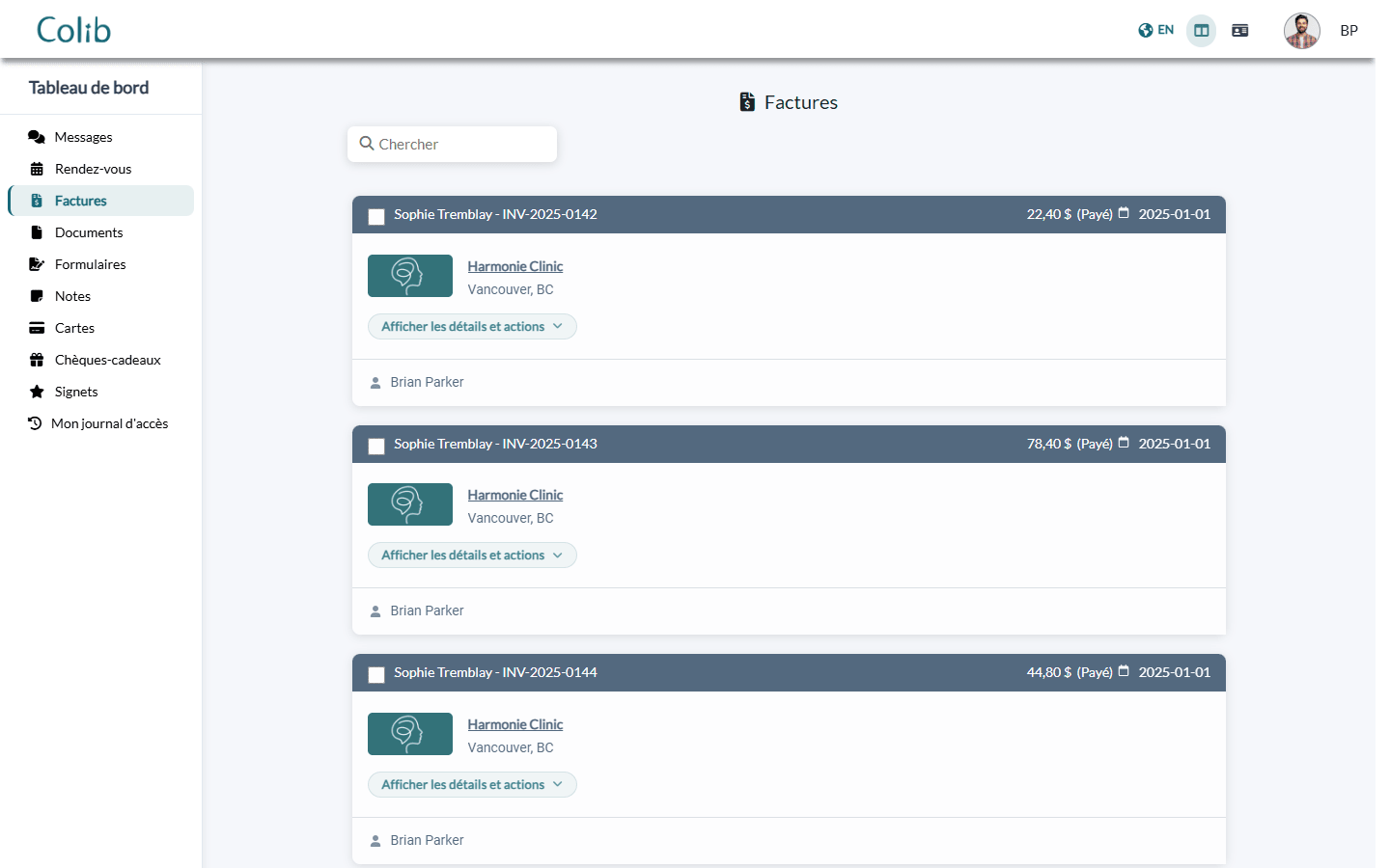 Section Factures du portail client