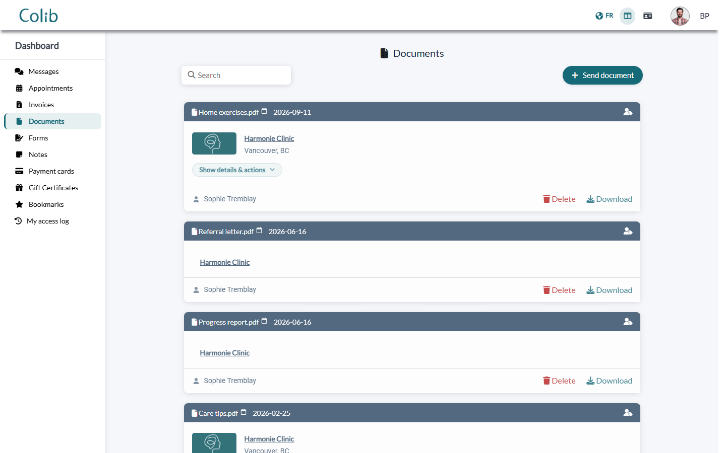 Documents section of the client portal with the Send document button
