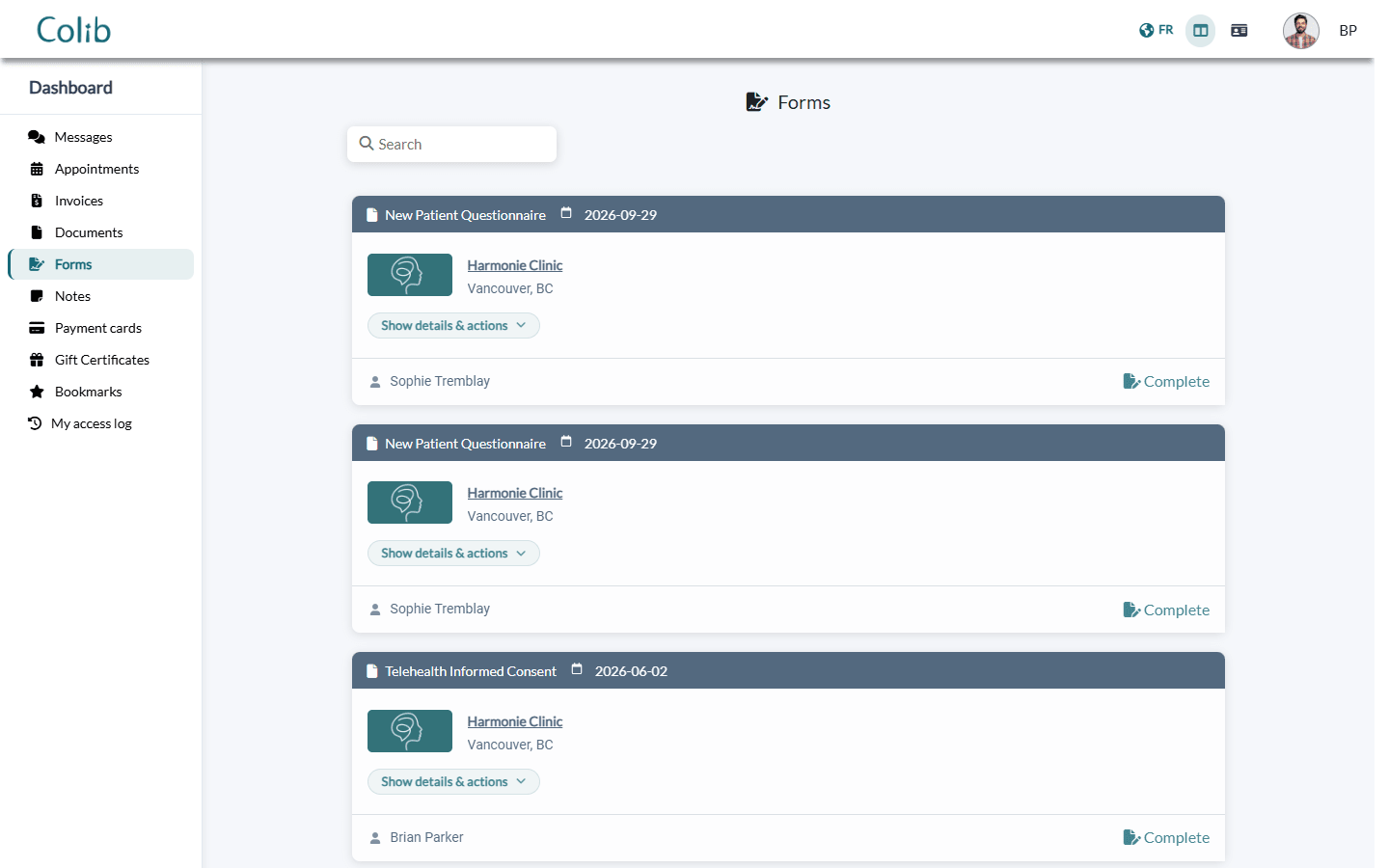 Forms section of the client portal with forms to complete
