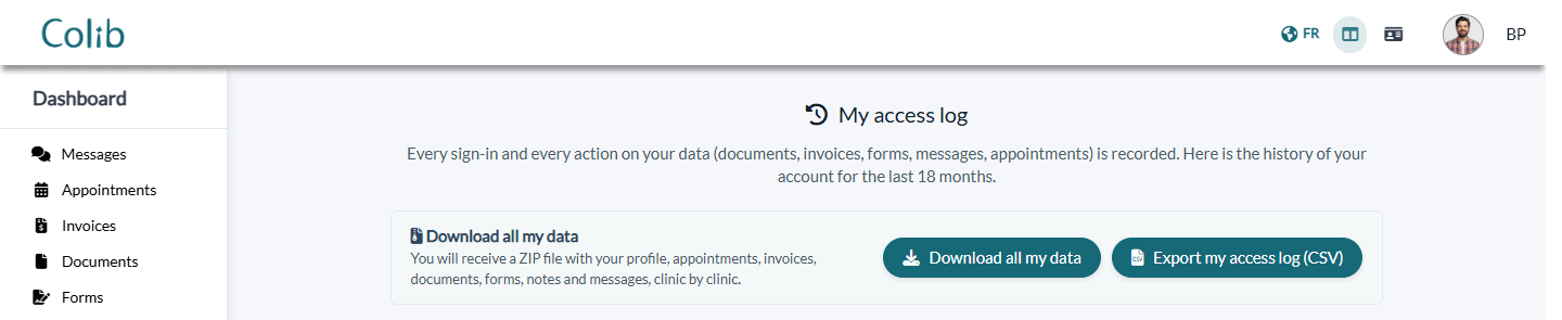 My access log section with the Download all my data button