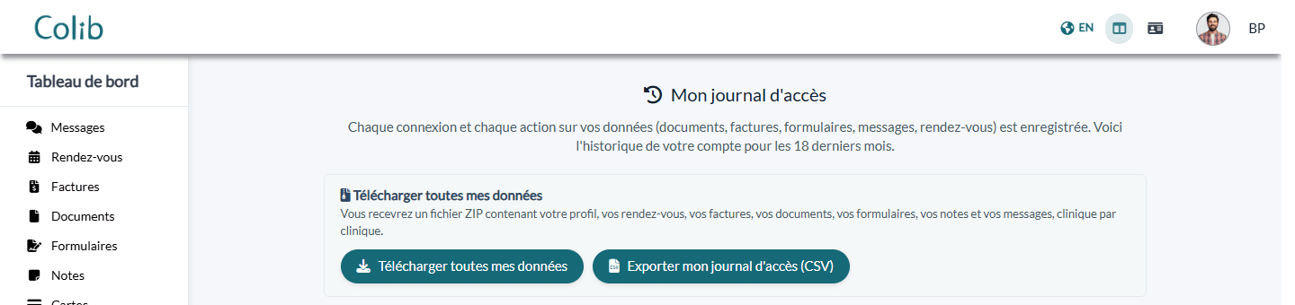 Section Mon journal d'accès avec le bouton Télécharger toutes mes données