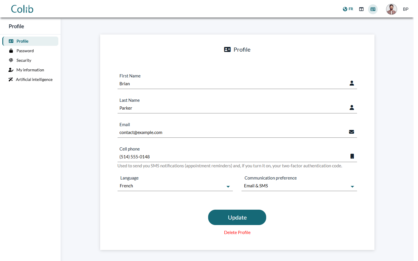 Profile page of the client portal
