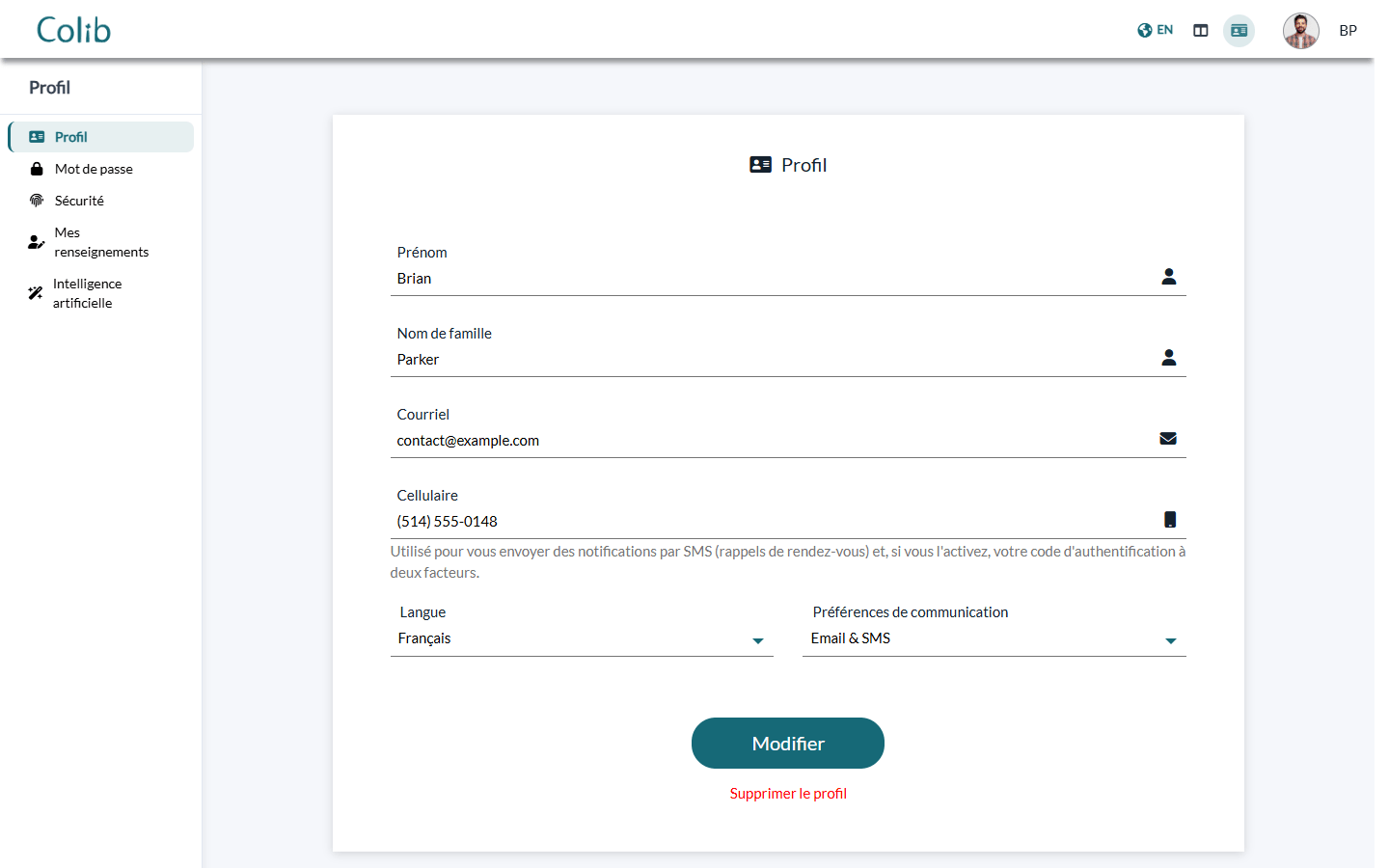Page Profil du portail client